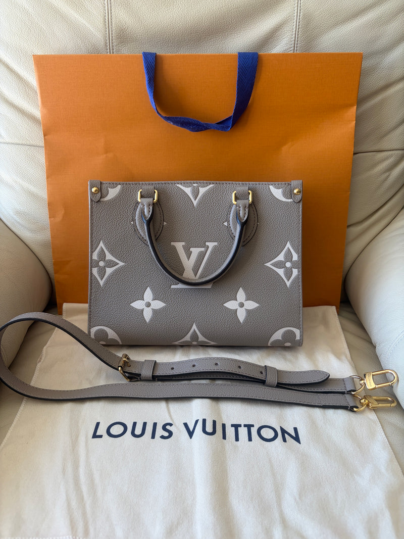 Louis Vuitton Onthego Tote PM Tourterelle Beige Cream Leather Monogram Empreinte