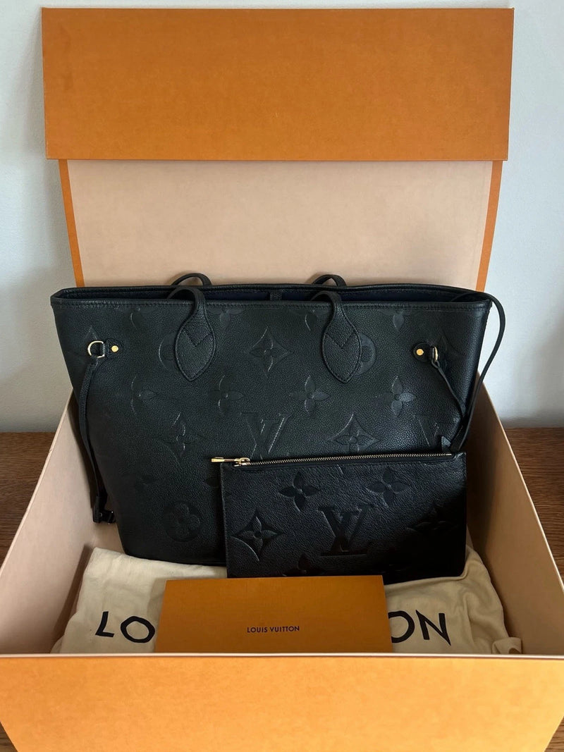 Louis Vuitton Neverfull MM Monogram Empreinte Leather Black Tote + Pouch Set